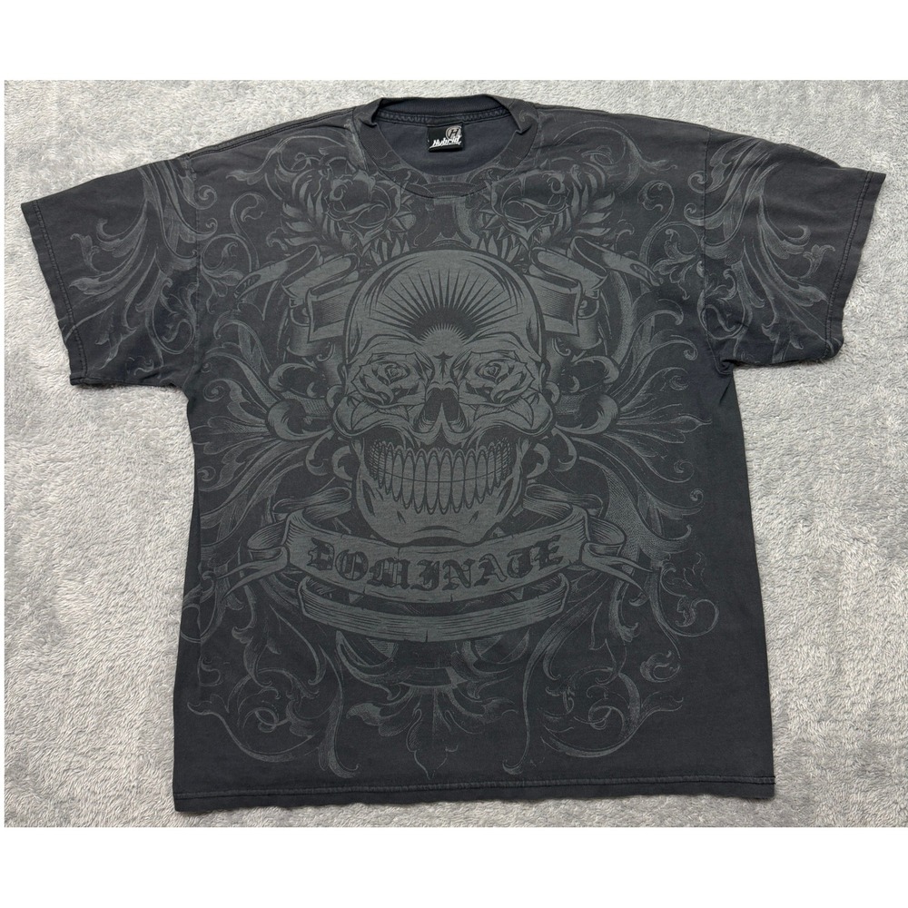 Vintage Hybrid T Shirt Mens XL Gray Dominate Skull All Over Print Y2K MMA Tattoo